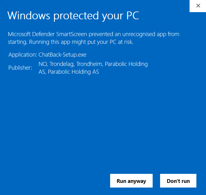 SmartScreen details showing Parabolic Holding AS and Run anyway