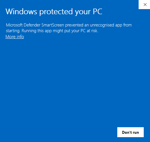 Windows protected your PC with More info link